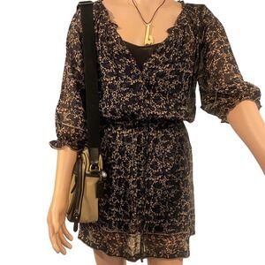 Joie Black Floral Sheer Mini Smocked Ruffle Sleeve Womens Size M Cottagecore